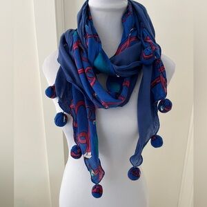 SCARF Blue Sheer Bias Cut Two Tone Blue Circles Pom Poms Ruffle Artsy Casual